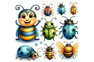 A bundle of Large Vector Cute Cartoon Bugs