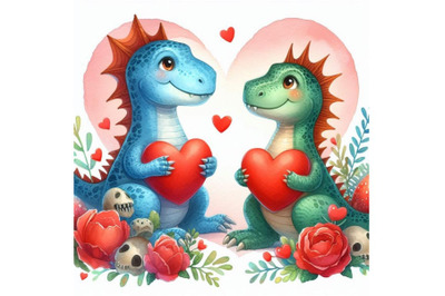 01 Two lover dinosaur with red heart