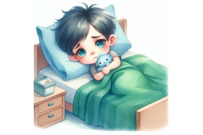 A bundle of Sad cute kid boy lay in bed sick