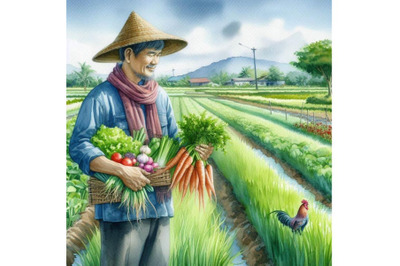 03 A farmer stands holding vegetables i