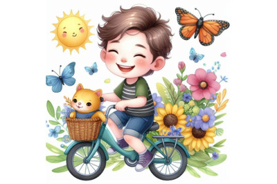 A bundle of Happy cute kid boy riding bike sm