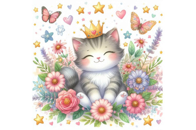 03 Cute cat surrounded by flowers and s