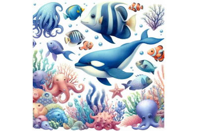 A bundle of Fish and wild marine animals in o