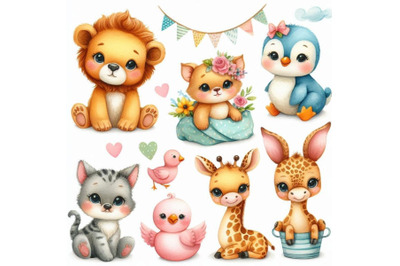 A bundle of Cute baby animals watercolor se