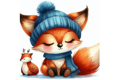 A bundle of Hand drawn cute little fox in blue