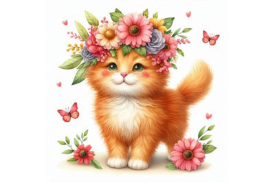 A bundle of a cute orange cat with flowers o