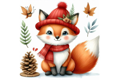 A bundle of Cute fox cartoon with red hat