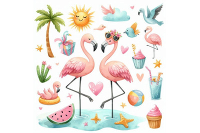 A bundle of Cartoon Flat Cute Flamingo Birds