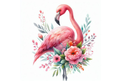 A bundle of pink flamingo with flowers. digita