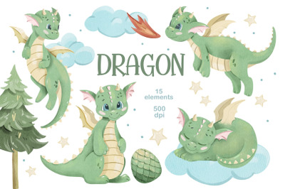 Watercolor Dragons Clipart, Cute Green Dragon PNG, Fantasy Art
