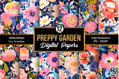 Summer Preppy Flowers Pattern Digital Papers