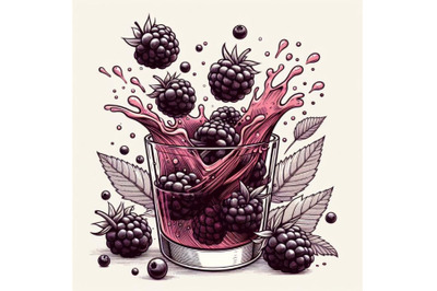 Fresh blackberries fall into a glass with juice generating a splash