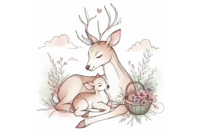 Mother and Baby Deer Watercolor Love Family