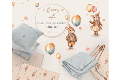 Whimsical Bunny &amp;amp; Balloon Watercolor Pattern&2C; Clip Art PNG&2C; Nursery