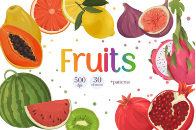 Fruits Clipart, Summer Tropical Fruits Set, Fruit Pattern