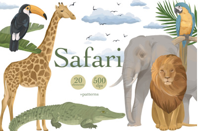 Safari Jungle Animals Clipart, Tropical Leaves Illustrations