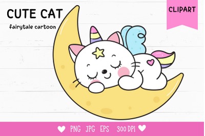 Cute cat unicorn sleep on moon kawaii cliparts baby kitten