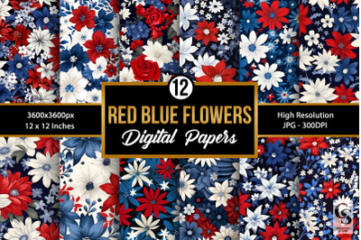 Patriotic Red Blue Flowers Seamless Patterns