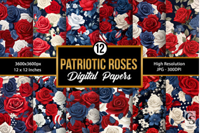 Red Blue White Patriotic Roses Digital Papers