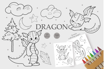 Dragon Silhouette Clipart, Dragon Coloring Page PDF