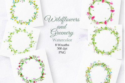 Wildflowers and Greenery. Watercolor wreaths. PNG