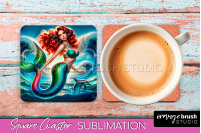 Mermaid Coaster Sublimation, Mermaid Square Coaster Design