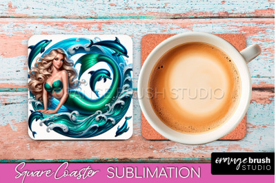 Mermaid Coaster Sublimation, Mermaid Square Coaster Design