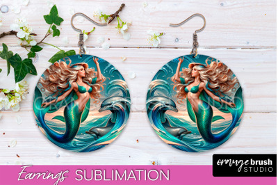 Mermaid Earrings PNG - Summer Round Earrings Sublimation