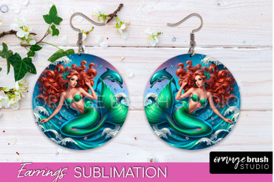 Mermaid Earrings PNG - Summer Round Earrings Sublimation