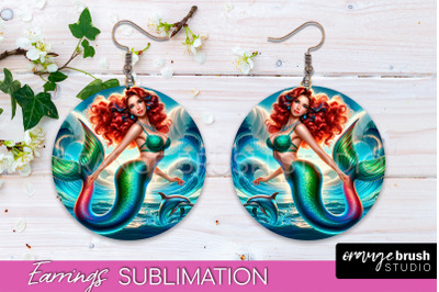 Mermaid Earrings PNG - Summer Round Earrings Sublimation