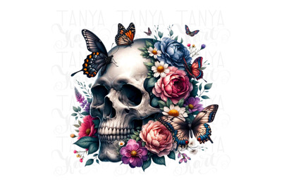 Skull with Flowers PNG Sublimation Tshirt Design