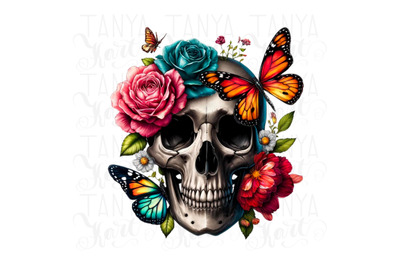 Gothic Skull and Flowers Digital Print - Sublimation Design