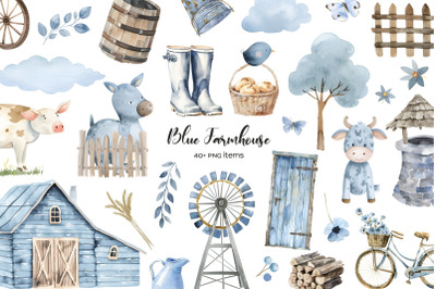 Watercolor blue farmhouse elements clipart. Blue village life elements