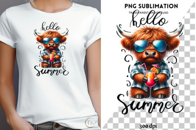 Hello Summer, Highland Cow Art, Tshirt Design Sublimation PNG