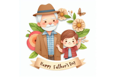 Happy father`s day papercut card of dad with son