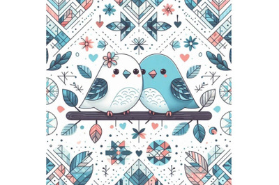 Cute bird couple sitting on tree branch