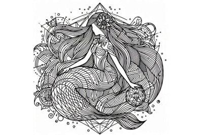 Line art, beautiful mermaid girl with lon