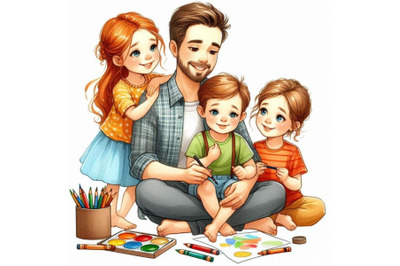 Kid`s drawing. Father`s day. Father and three kids