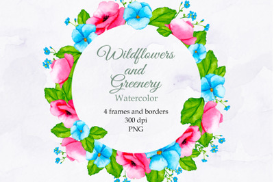 Wildflowers and Greenery. Watercolor frames. PNG
