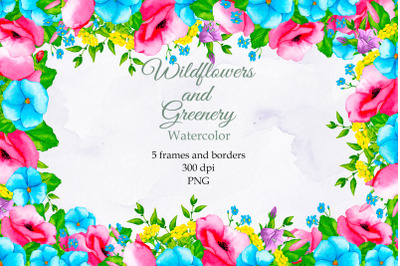 Wildflowers and Greenery. Watercolor frames. PNG