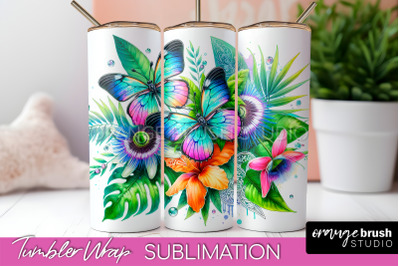 Butterflies and Flowers Tumbler Wrap&2C; Tropical Tumbler PNG