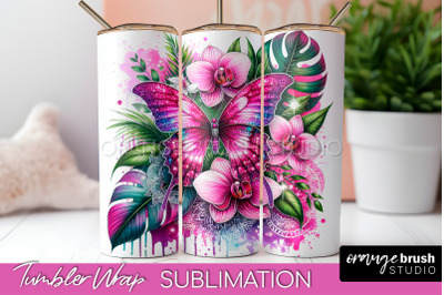 Butterflies and Flowers Tumbler Wrap, Tropical Tumbler PNG