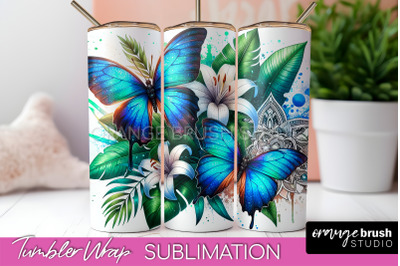 Butterflies and Flowers Tumbler Wrap&2C; Tropical Tumbler PNG