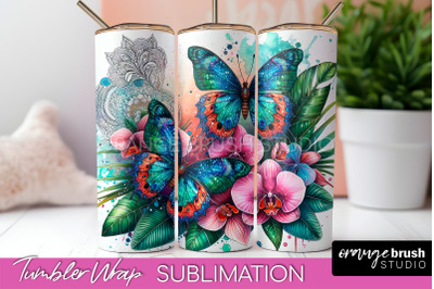 Butterflies and Flowers Tumbler Wrap&2C; Tropical Tumbler PNG