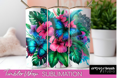 Butterflies and Flowers Tumbler Wrap, Tropical Tumbler PNG