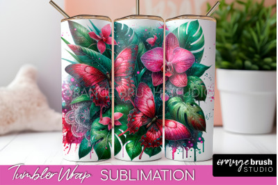 Butterflies and Flowers Tumbler Wrap&2C; Tropical Tumbler PNG