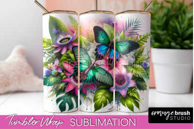 Butterflies and Flowers Tumbler Wrap&2C; Tropical Tumbler PNG