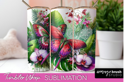 Butterflies and Flowers Tumbler Wrap&2C; Tropical Tumbler PNG