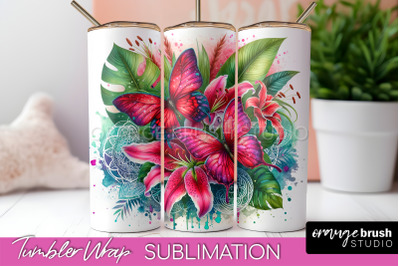 Butterflies and Flowers Tumbler Wrap&2C; Tropical Tumbler PNG