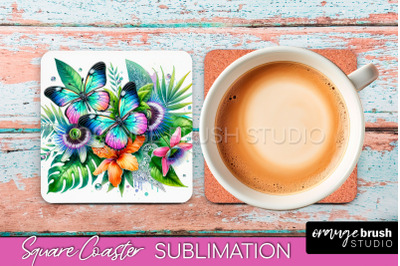 Butterfly Square Coaster Sublimation - Butterfly Coaster PNG